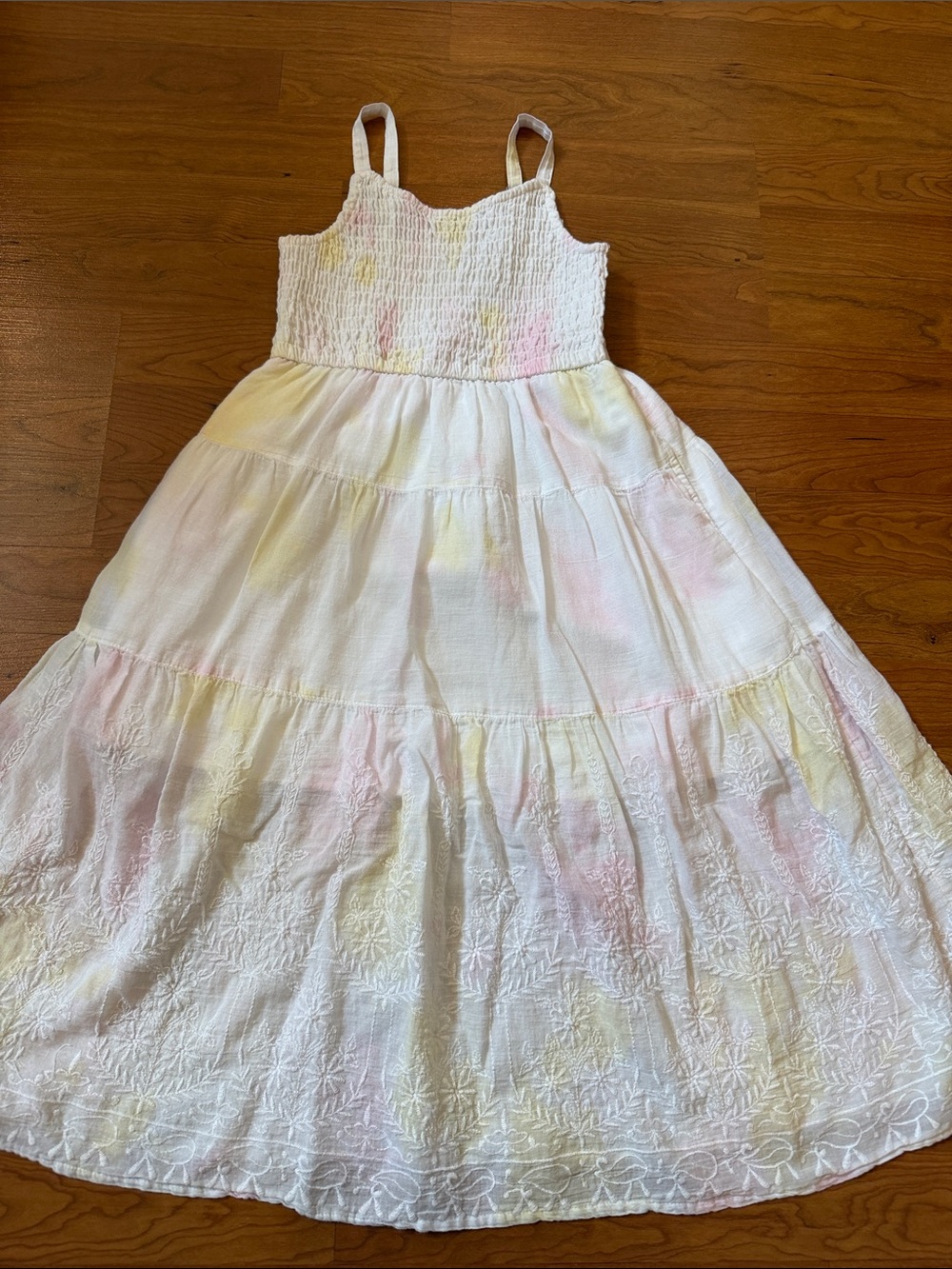 Abercormbie Kids White Tiered Maxi Dress with Pastel Pink & Yellow Wash size 5/6